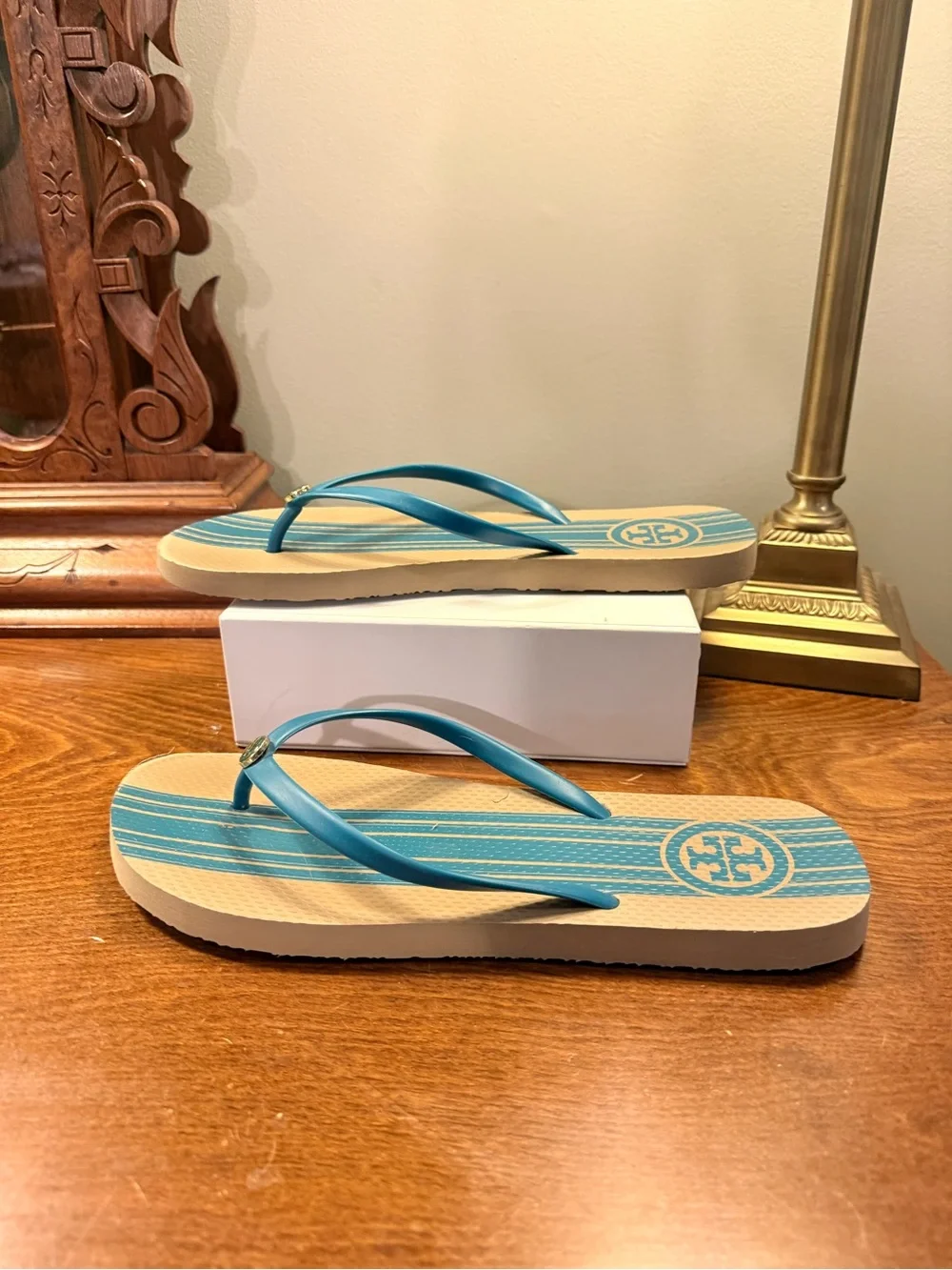Tory Burch Teal Strap Sandals with Tan Striped Footbed Size 11